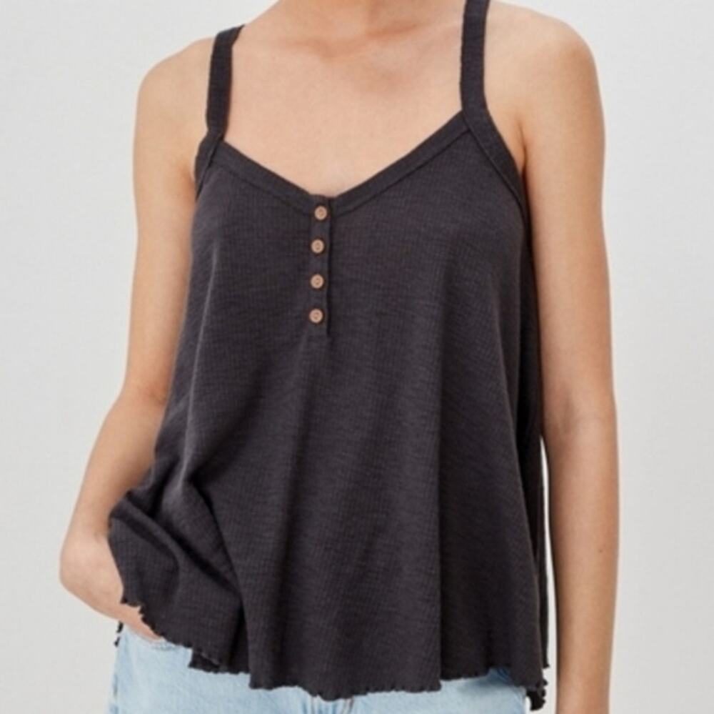 American Eagle Textured Henley Tank Top Charcoal Gray Small